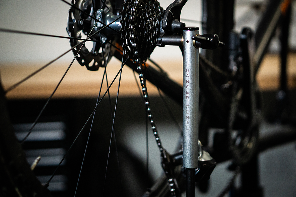 Rear derailleur and cassette on a bicycle drivetrain, illustrating where a bent mech hanger is diagnosed