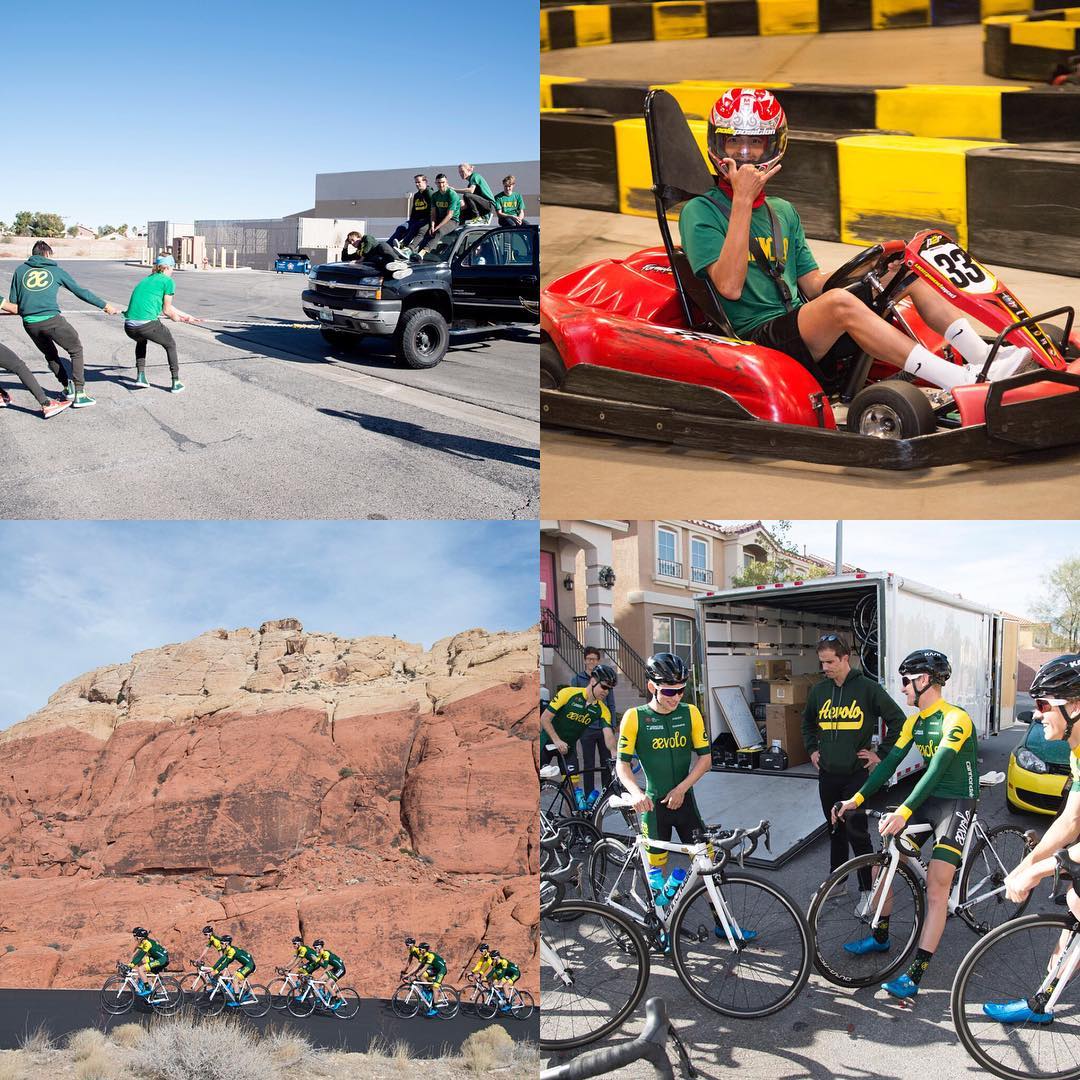 Aevolo cycling team preseason collage: riders pushing a truck, go-kart session, desert road ride, team van bike check