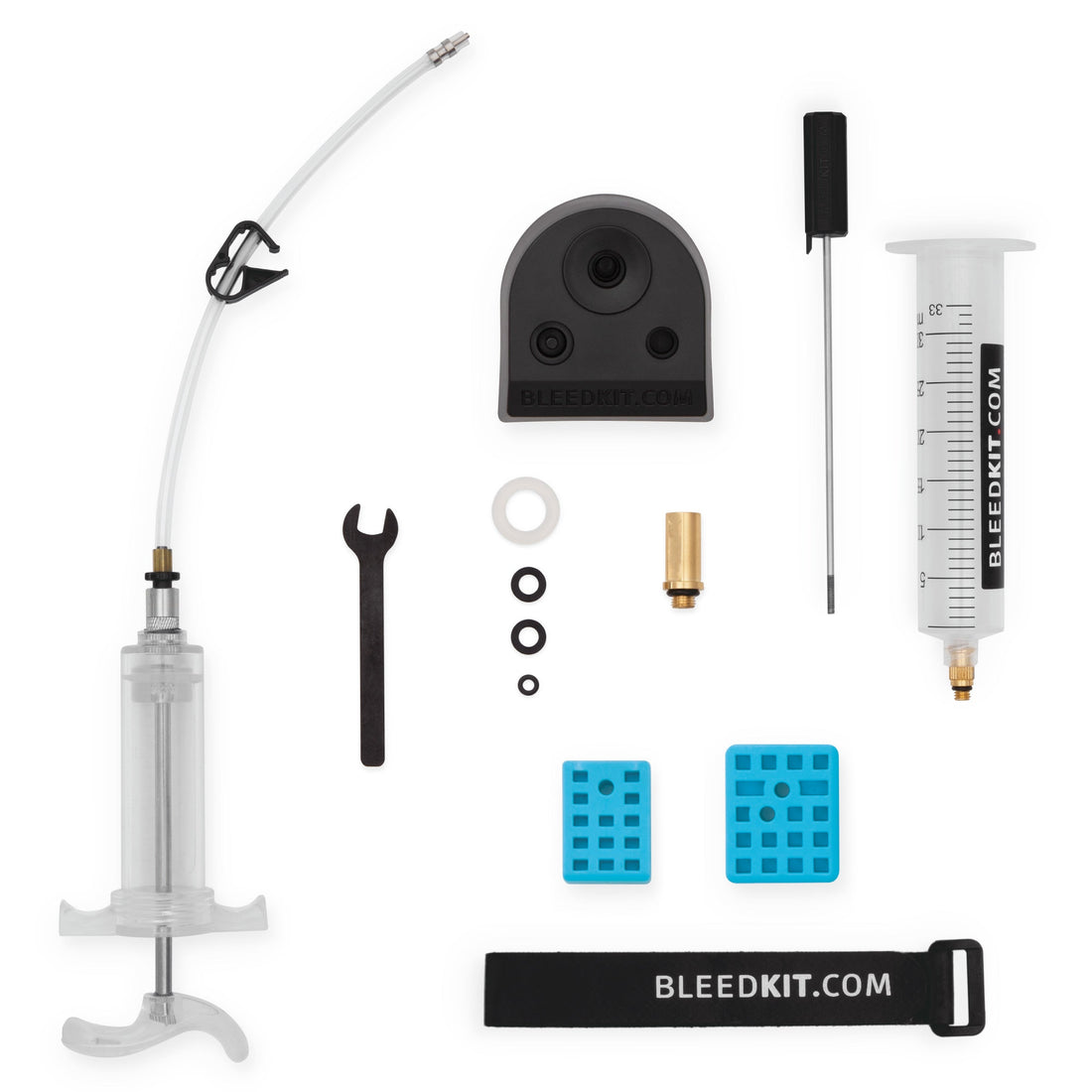 Bleedkit.com Workshop Shimano bleed kit with funnel, syringe, and fittings on a white background, the tools for bleeding a hydraulic disc brake