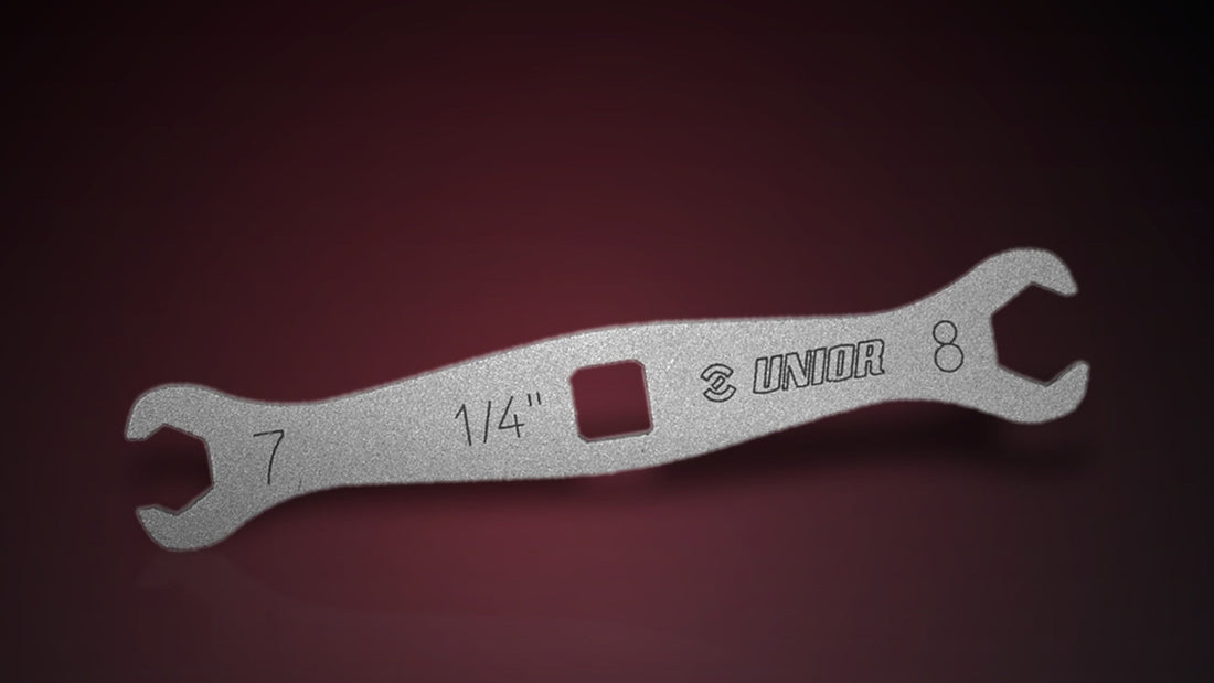 Unior Flare Nut Wrench 1760/2 with 7 and 8 mm flare ends and a 1/4 inch square torque drive, on a dark studio background
