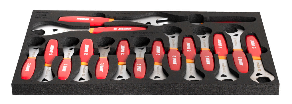 Unior 1600SOS24 cone wrench tray, angled view — 23 single-sided 1617/2DP-US cone wrenches from 13 to 36 mm in the foam insert
