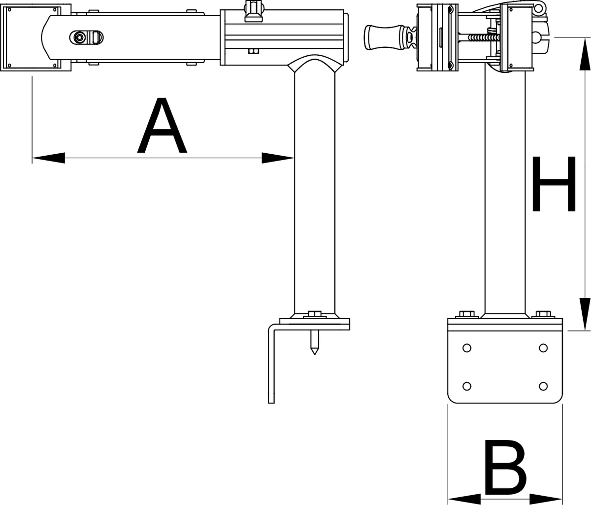 Unior 1693.2Q wall or bench mount clamp dimension drawing with A, B, and H callouts