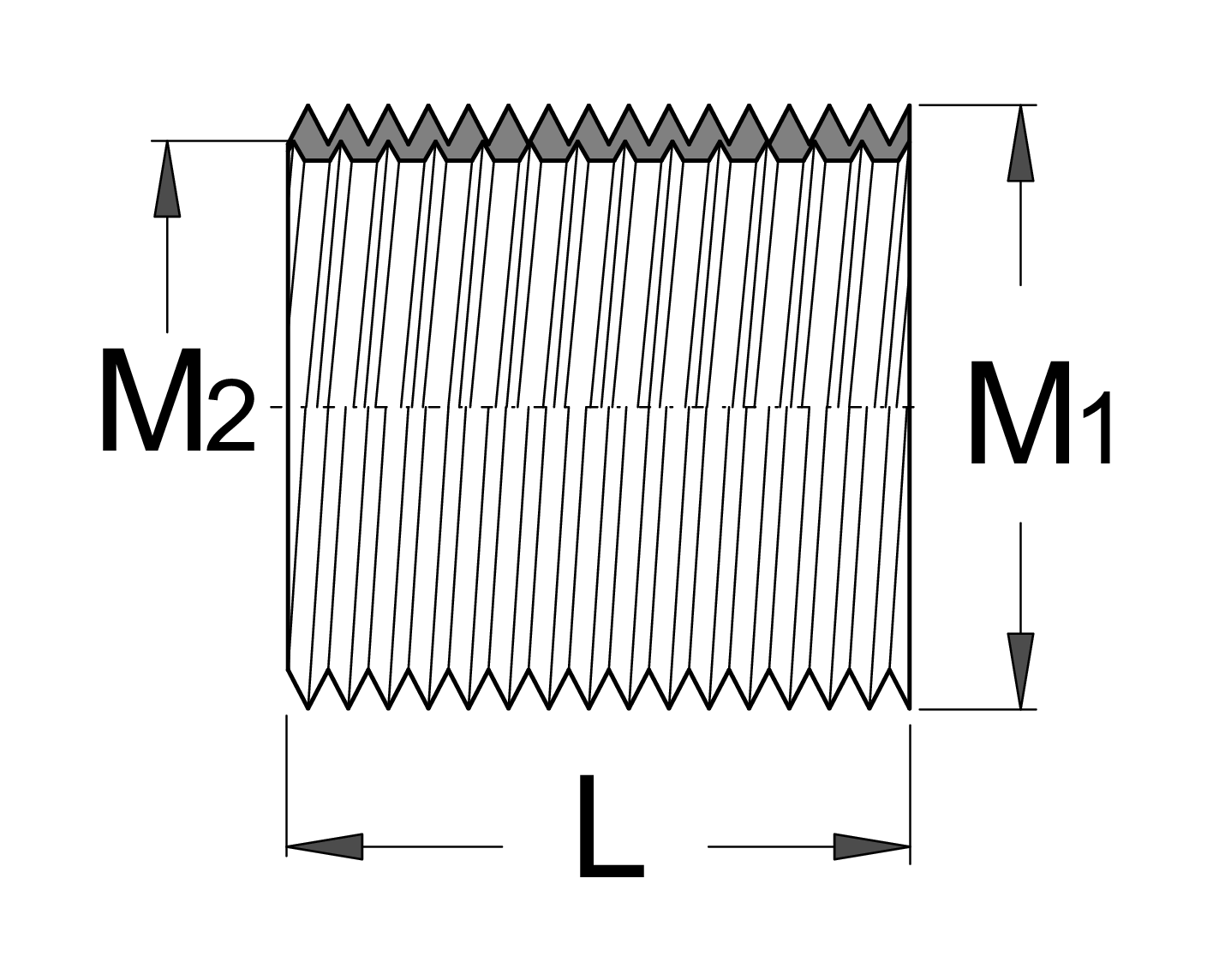 Unior 1695.3A pedal thread insert dimension drawing: M1 outer thread 5/8 inch x 24 TPI, M2 inner thread 9/16 inch x 20 TPI, length 16.3 mm