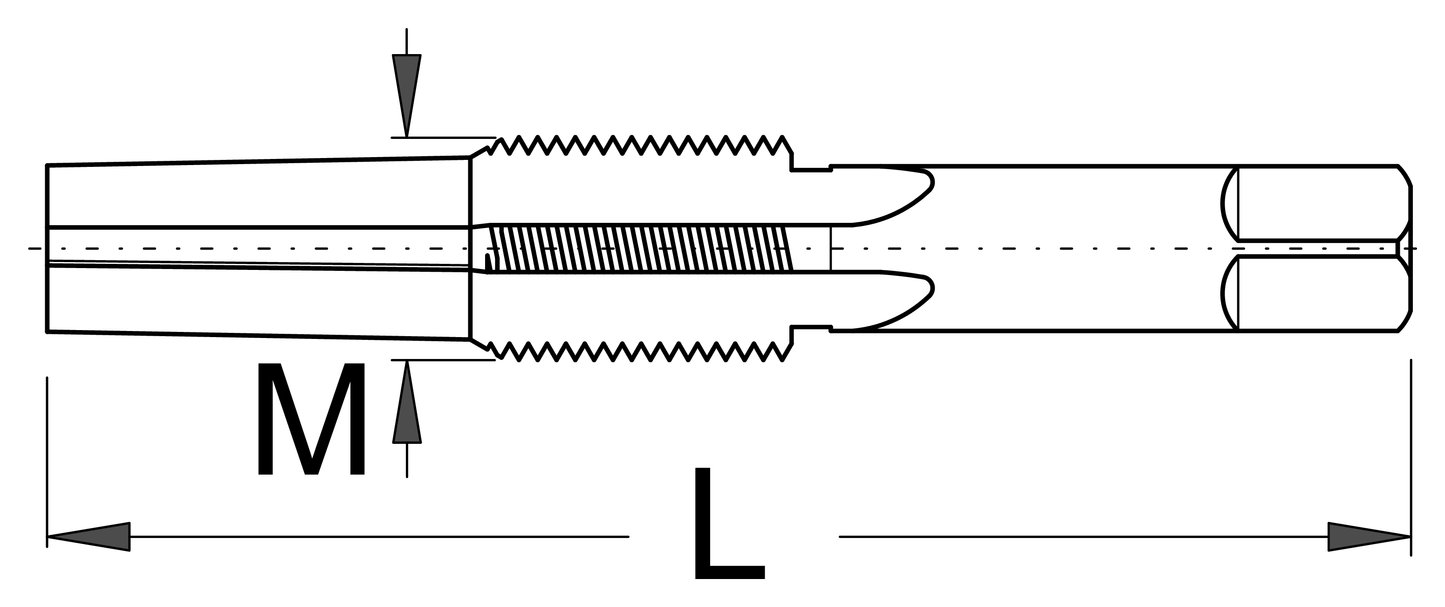 Line drawing of the Unior 1695.1AL left pedal reaming tap with M thread and L length dimension callouts, side view