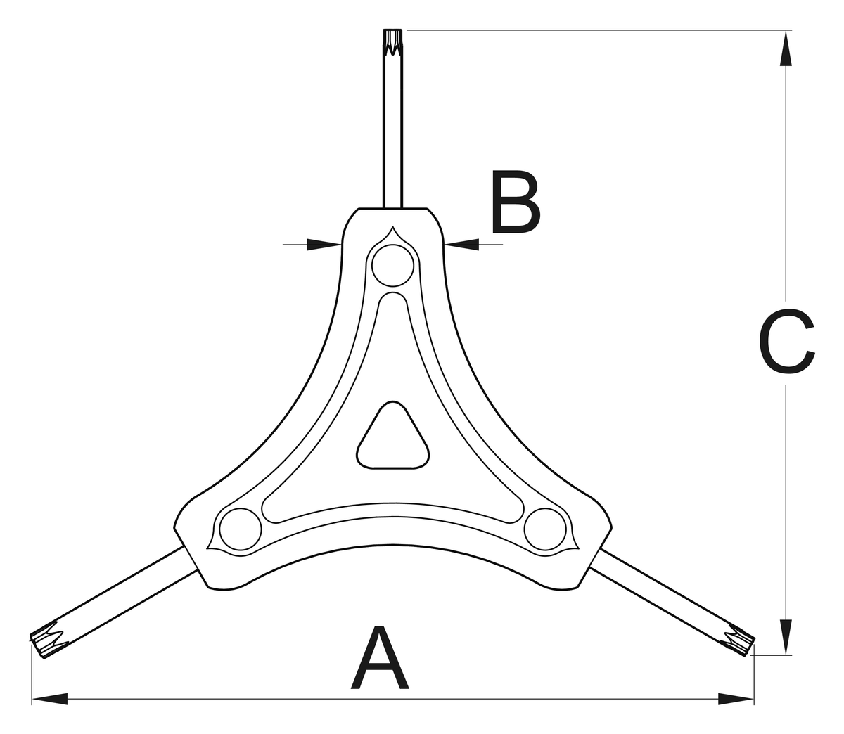 Unior 1781/2TX-US Torx Y-wrench dimension drawing: A 122 mm, B 16 mm, C 106 mm