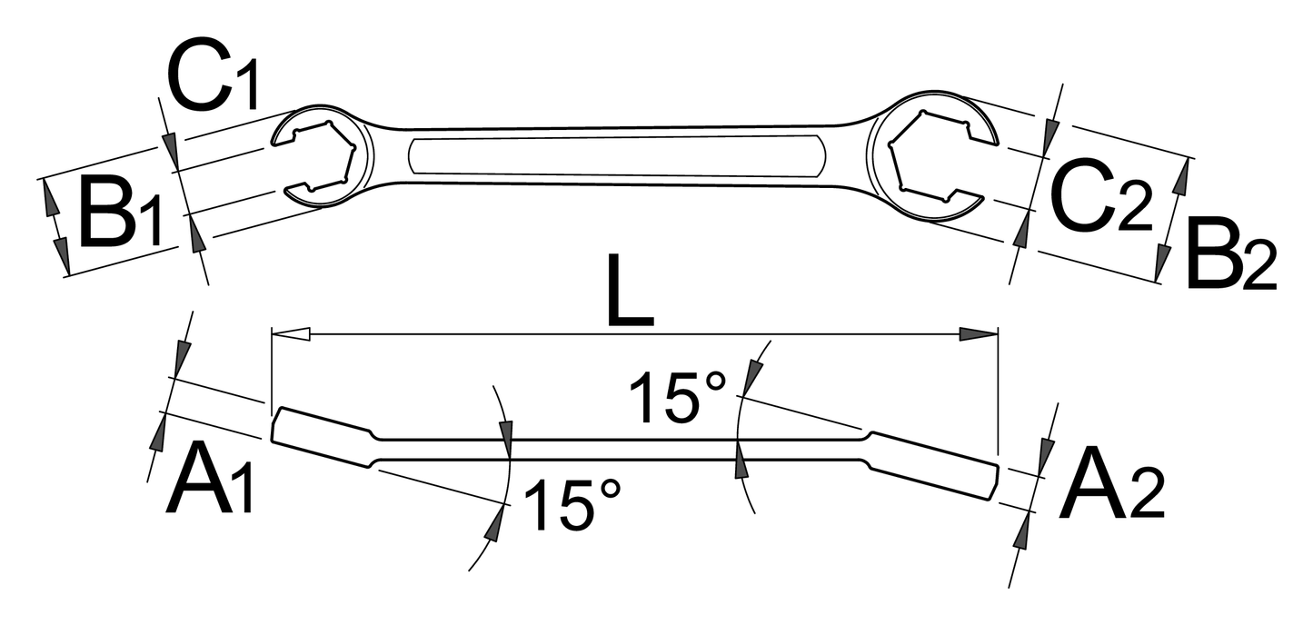 Unior 183/2 offset open ring wrench technical drawing — 15-degree offset heads with dimension callouts A, B, C and L