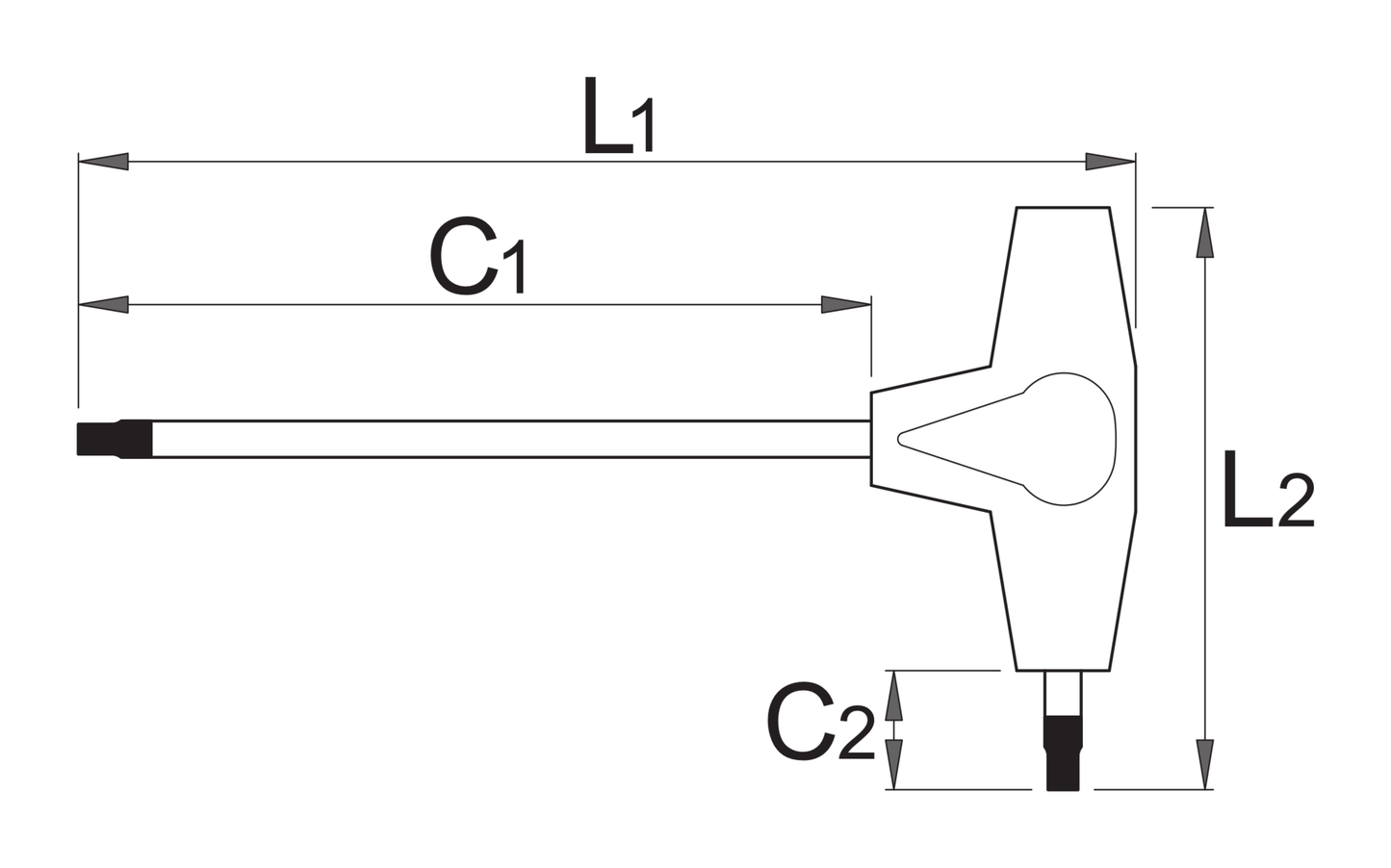 Unior 193TX T-handle TX wrench dimension drawing: overall length L1, blade length C1, handle width L2, tip length C2