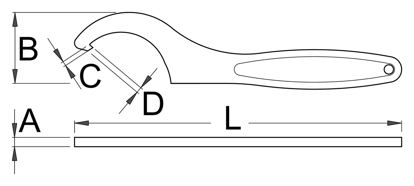 Unior 255/2 hook wrench dimension drawing with the L, A, B, C and D measurement callouts from the official datasheet