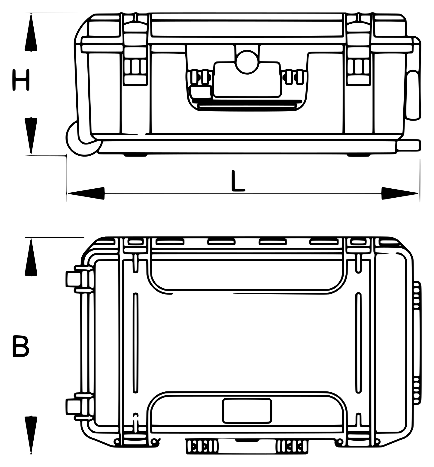 Dimension drawing of the Unior Master Kit Tool Case 2.0 970MASTERKIT with height H, length L and width B callouts