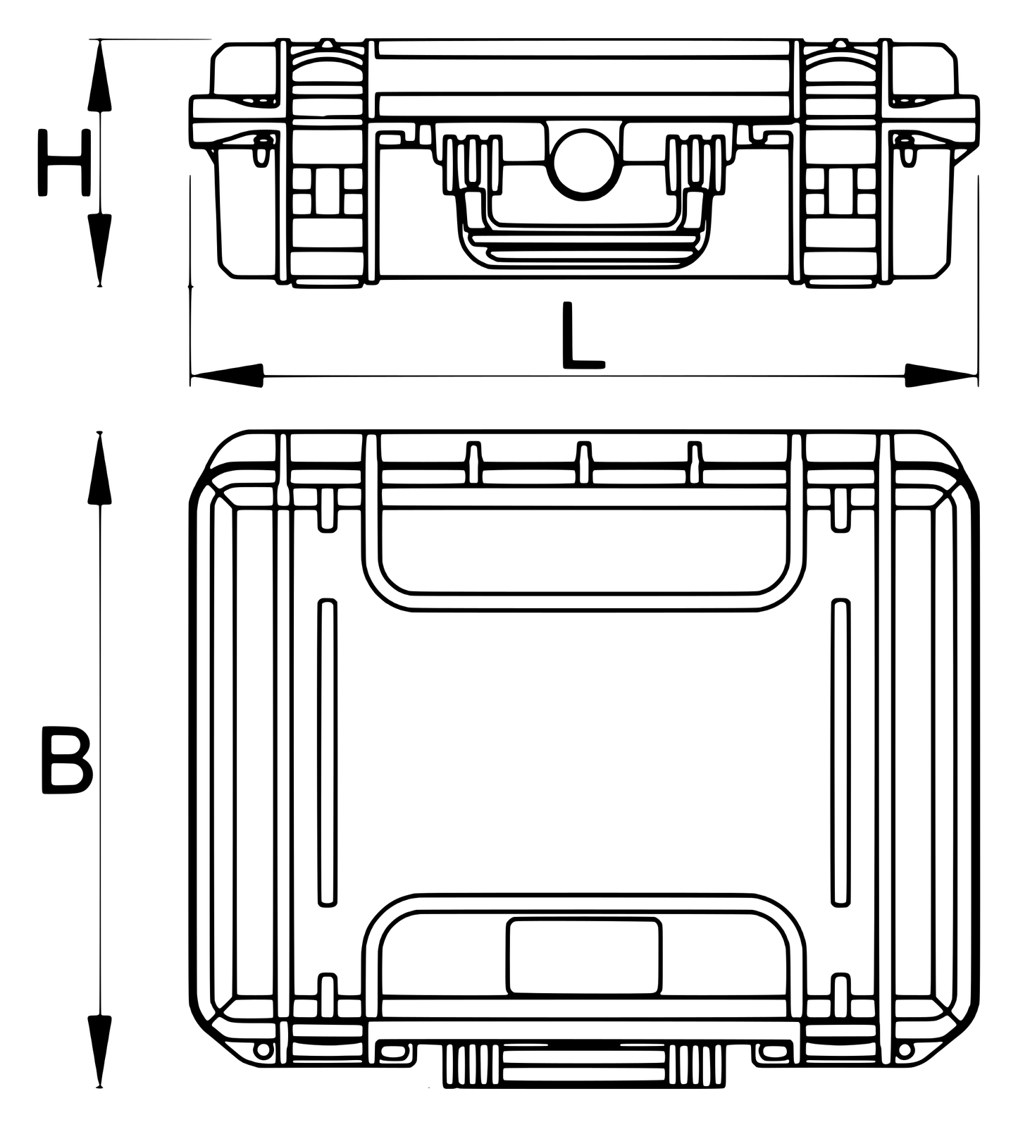 Pro Kit Tool Case 2.0 (970PROKIT) dimension drawing: front and top views with H, L, and B callouts