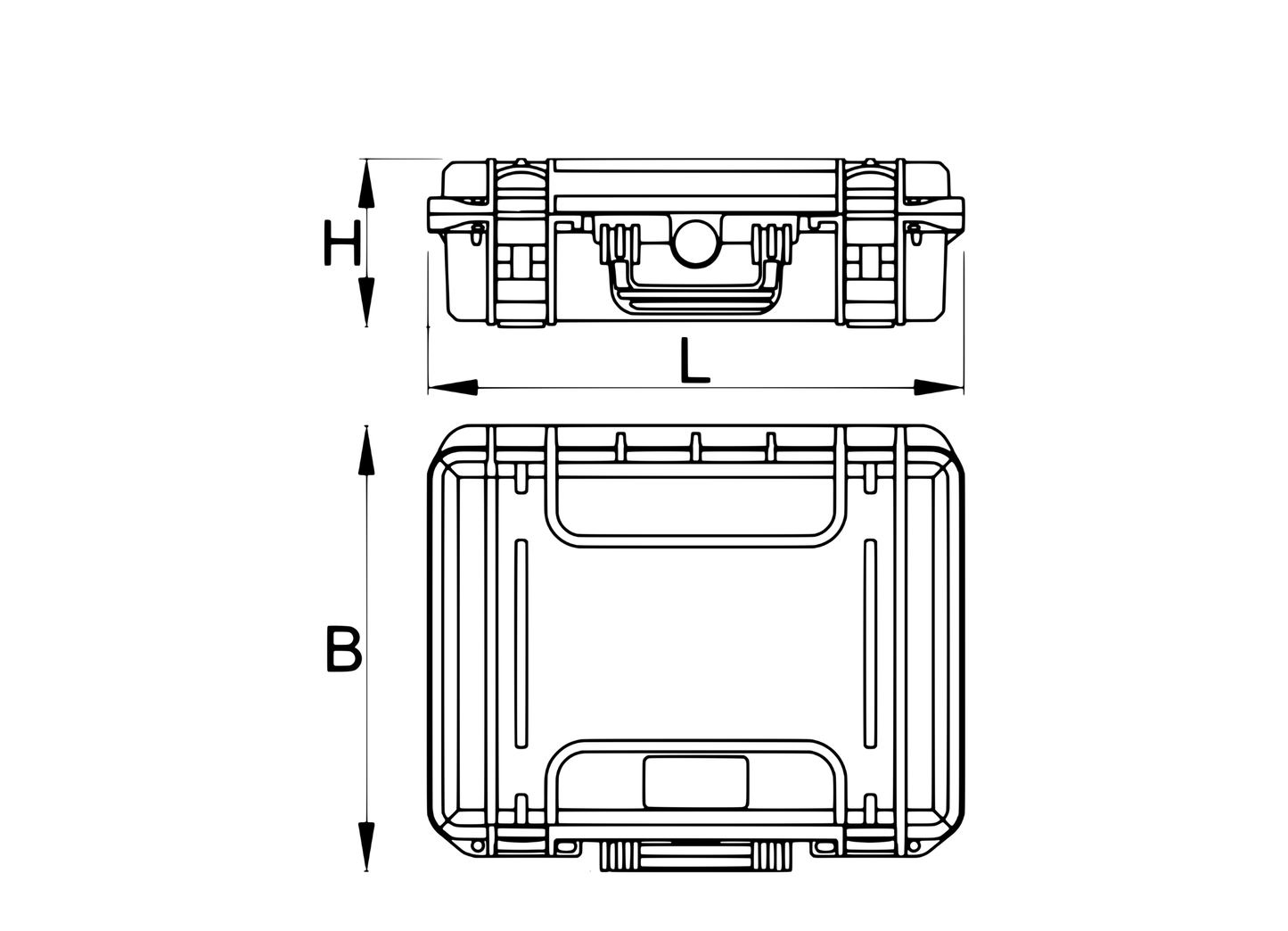 Unior Pro Kit 2.0 tool case dimension drawing, 1600PROKIT - front and top outline views of the IP67 case; L 460 x B 320 x H 180 mm