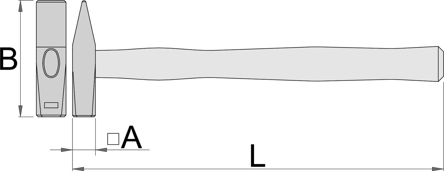 Unior 812 locksmith hammer dimension drawing: A face thickness, B head width, L overall length