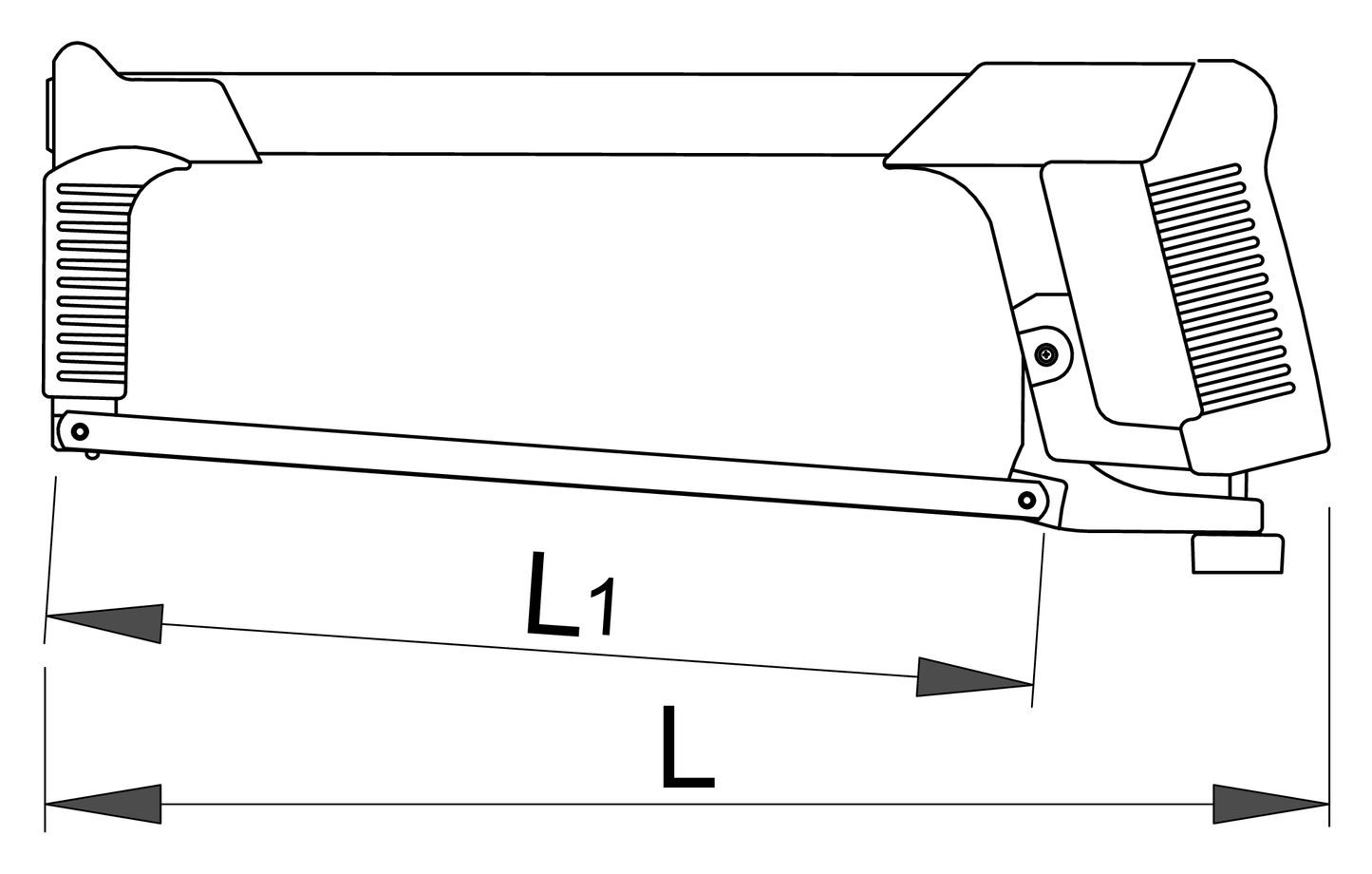 Unior 750B hacksaw dimension drawing: overall length L 400 mm, blade length L1 300 mm