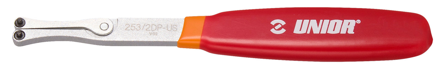 Unior 253/2DP-US adjustable pin spanner, US-red dipped handle, interchangeable 2.3 and 2.8 mm pins, side view