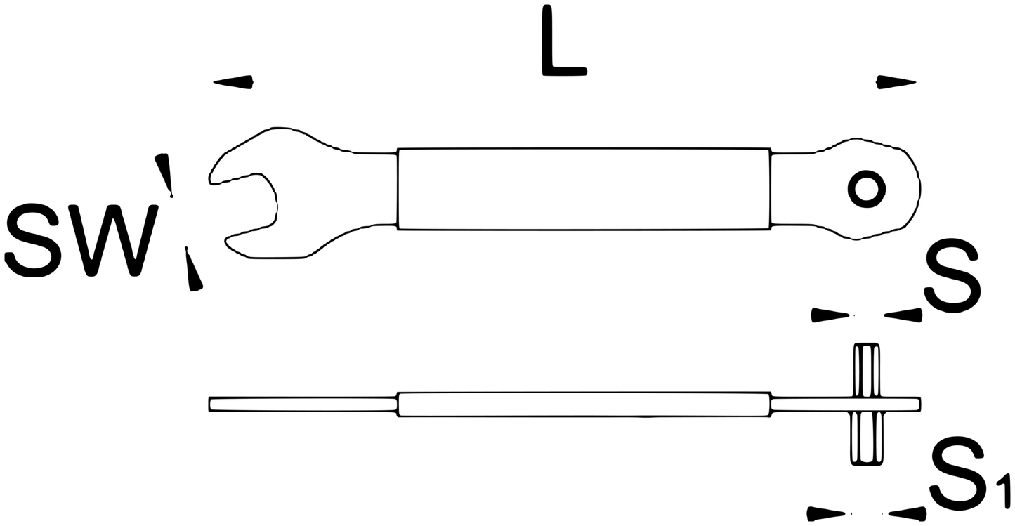 Unior 1620/2P-US 3-in-1 pedal wrench dimension drawing: L overall length, SW 15 mm open end, S 8 mm hex, S1 6 mm hex