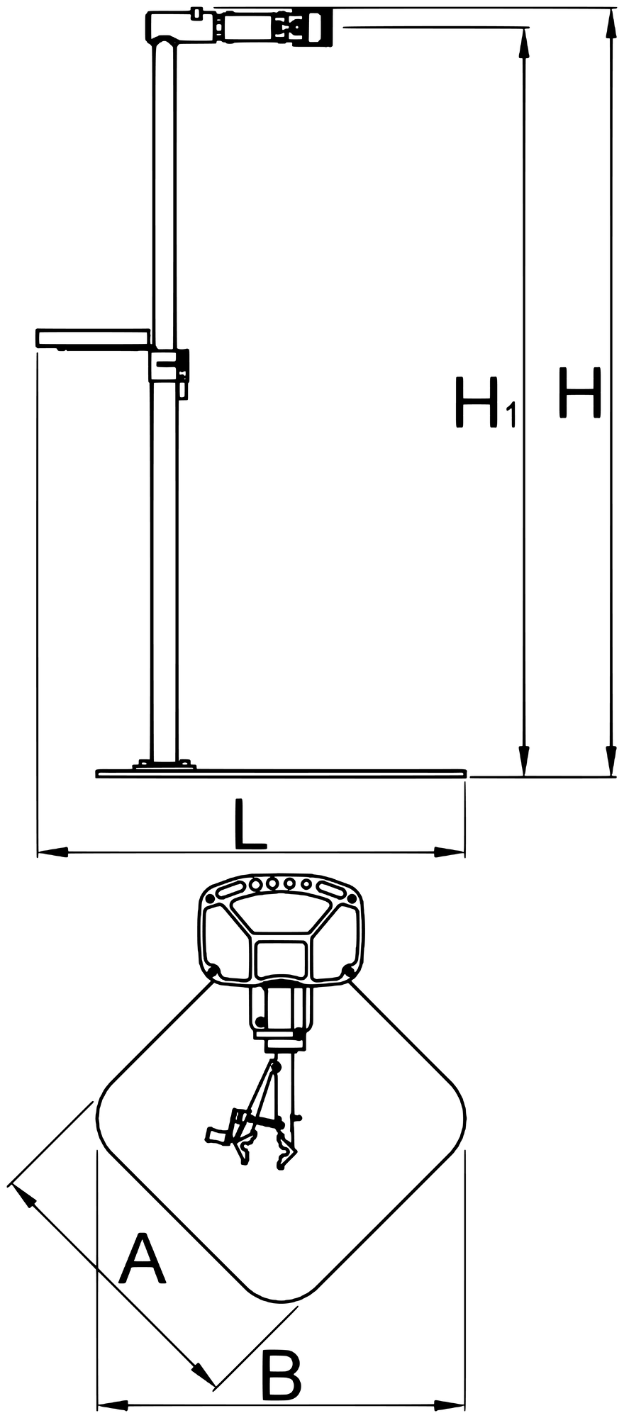 Unior 1693BQ single-arm repair stand dimension drawing: column height H1 985-1570 mm, overall height H 1700 mm, base plate A 572 x B 726 mm