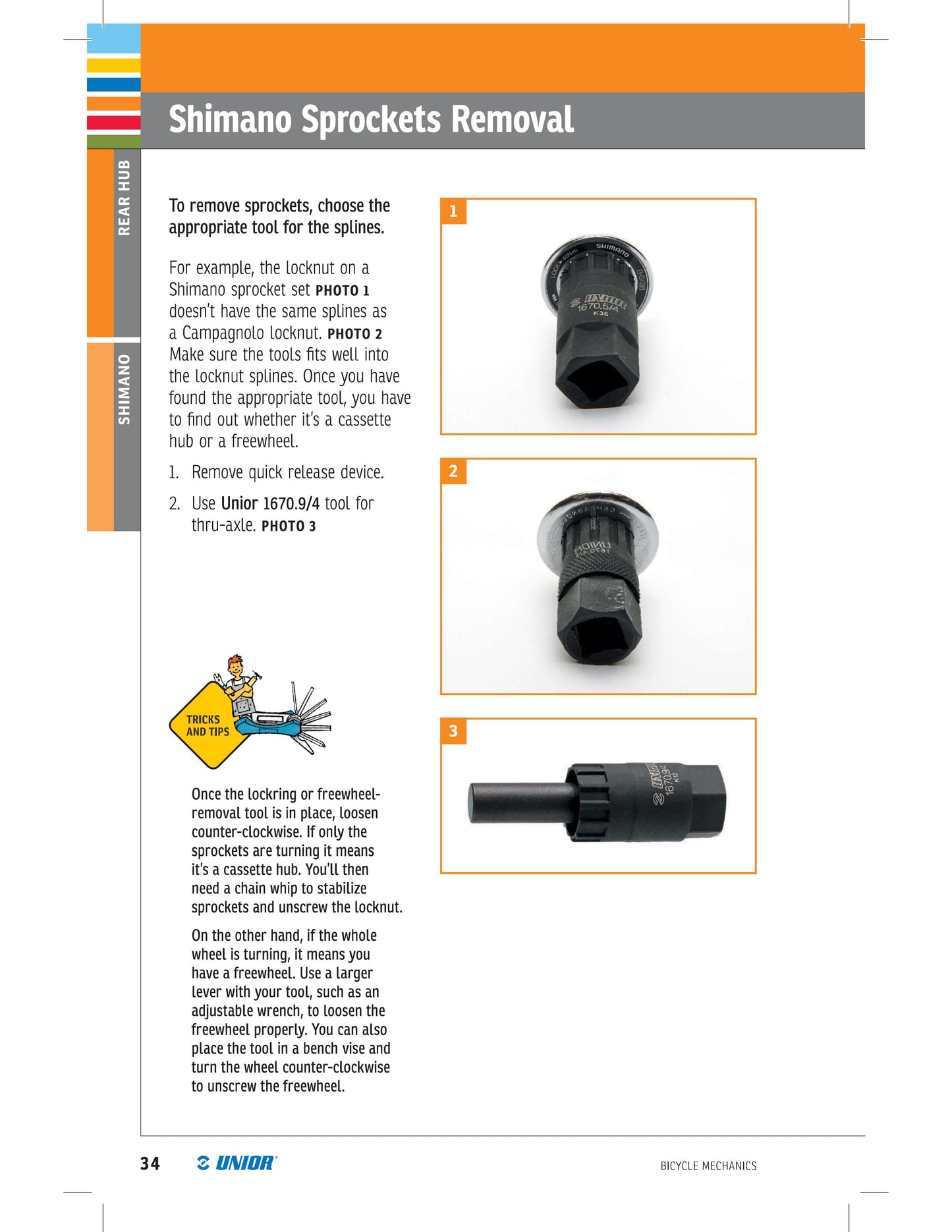 Unior Bicycle Mechanics Handbook Volume 1 sample page spread: Shimano sprockets removal procedure with step-by-step photos