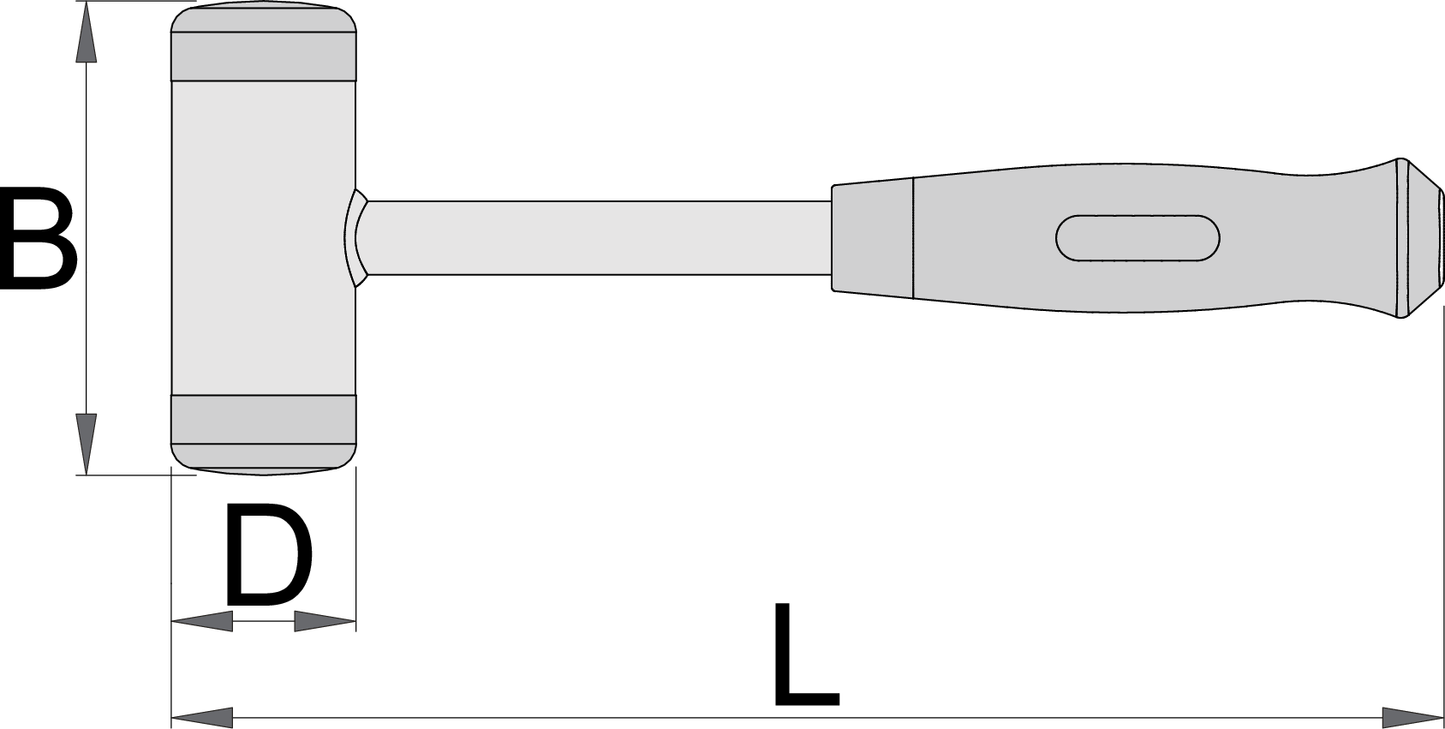 Unior 819A-US dead blow hammer dimension drawing with head width B, face diameter D and overall length L callouts