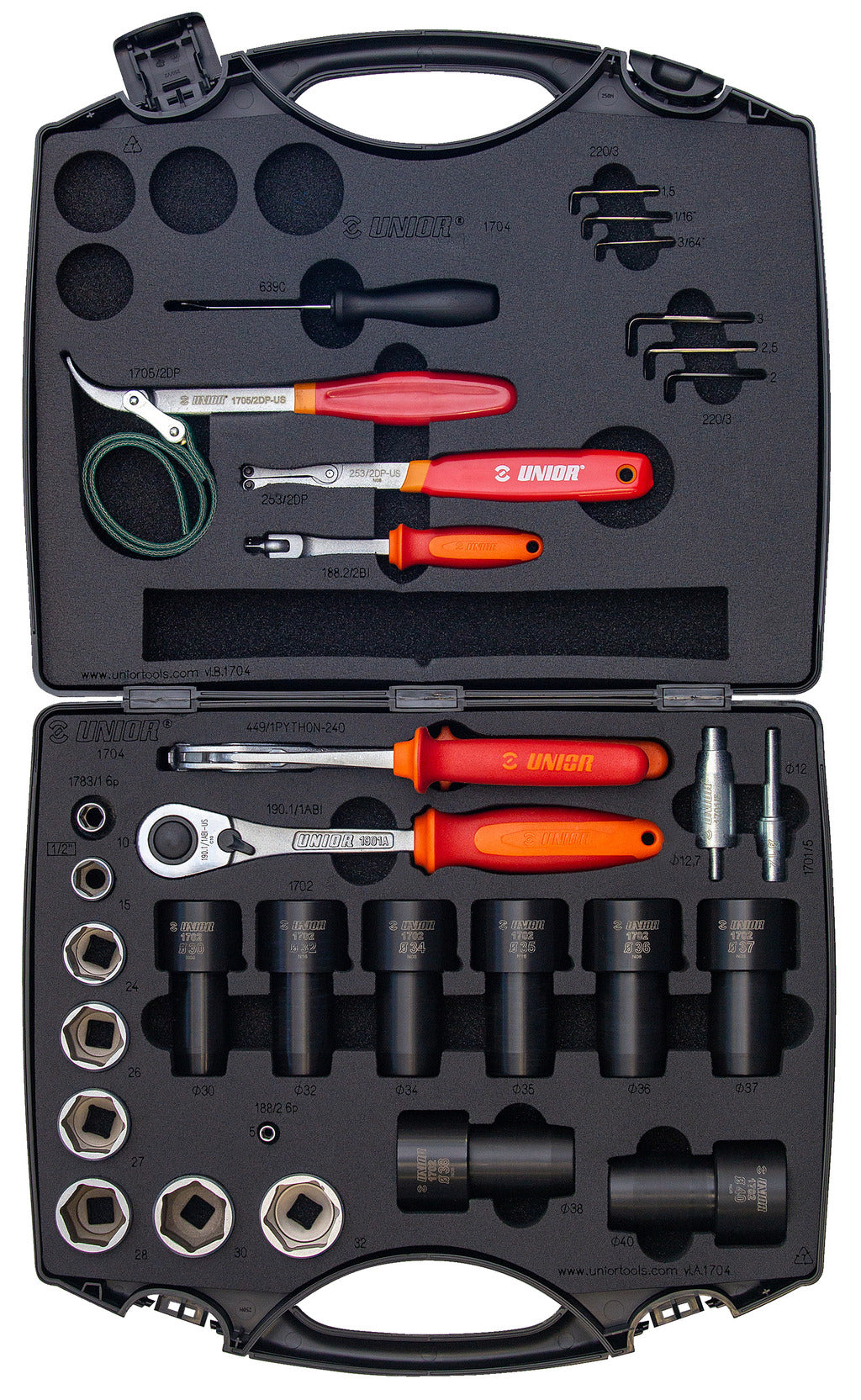 Unior 1704-US Suspension Service Set — full kit contents in fitted case