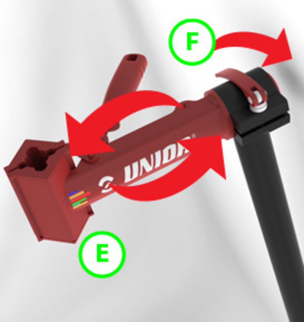 Unior 1693BS-US: release lever (F) and rotate the red clamp head (E) to set jaw angle