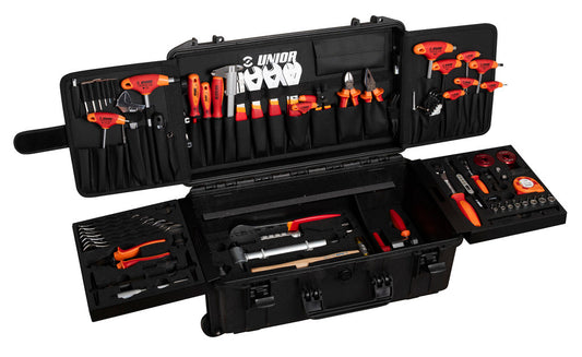 Mechanic's view of an open Unior Master Tool Kit 2.0 case showing T-handles, sockets, and pliers in their foam trays
