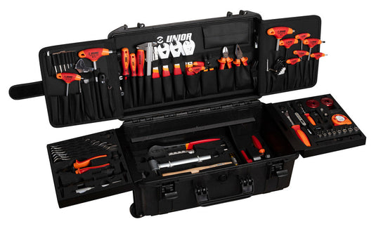 Mechanic's view of an open Unior Master Tool Kit 2.0 case showing T-handles, sockets, and pliers in their foam trays