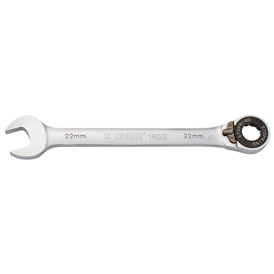 Unior 160/2 forged ratcheting combination wrench with 72-tooth box-end and slide-button reversing mechanism