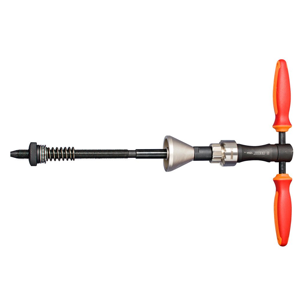 Unior 1694 Head Tube Reamer and Facer — T-handle bicycle frame prep tool with cutter, spring, and pilot