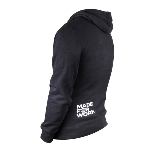 Mechanic wearing a Unior Bike Tools pullover hoodie in the workshop