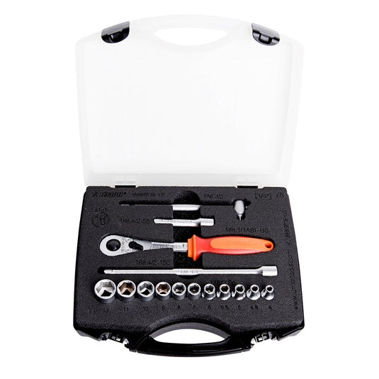 Unior 188BI6P15 1/4-inch socket set with 40-tooth ratchet, two extensions, sliding T-handle, and 11 metric sockets in SOS foam tray