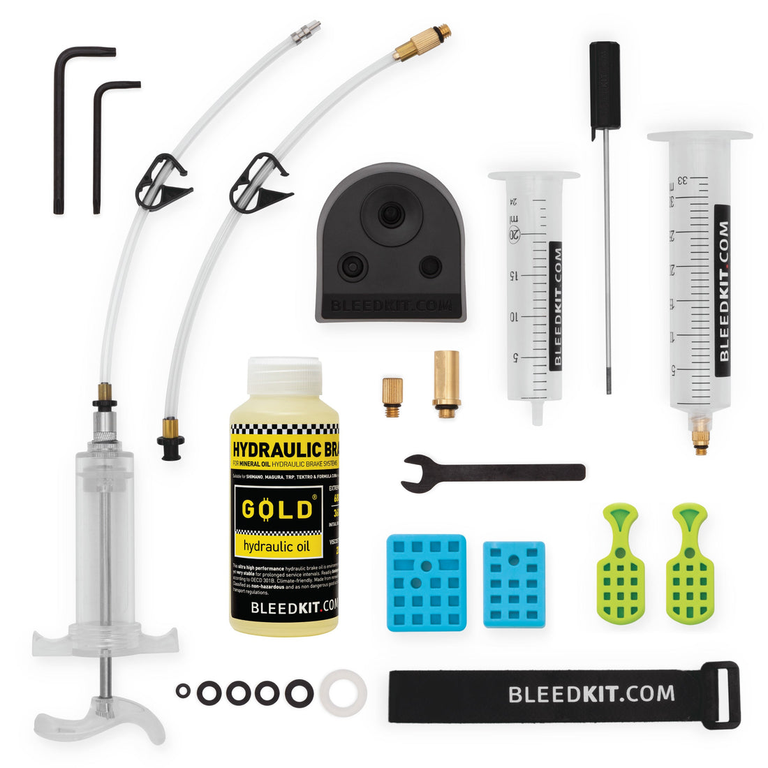 Workshop Gold Mineral Oil Master Bleed Kit on a clean white background — the bridge kit for the 2026 Shimano R9300 and R8270 funnel-thread change