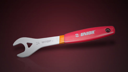 A Unior 1617/2DP cone wrench on a charcoal studio background