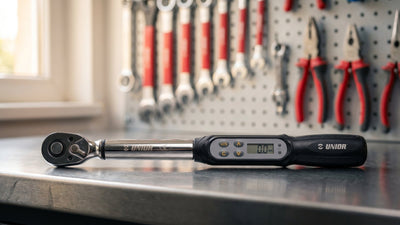 A Unior electronic torque wrench on a workshop bench
