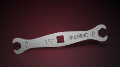 Unior Flare Nut Wrench 1760/2 with 7 and 8 mm flare ends and a 1/4 inch square torque drive, on a dark studio background