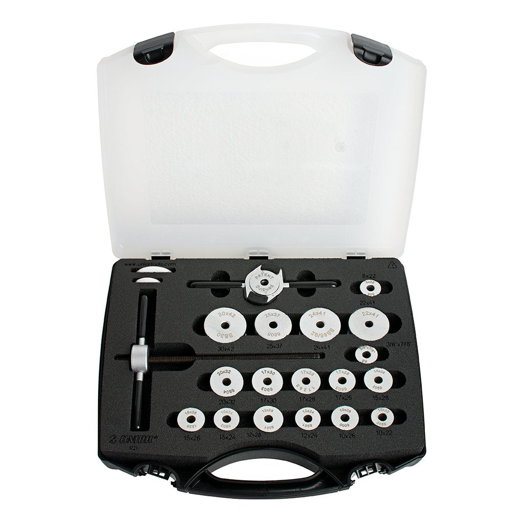 Bearing Tools category — Unior 1721 bearing race driver set with 23 stepped drifts in foam-lined case