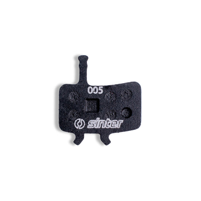 Sinter Model 005 Avid black brake pad, backplate-up view stamped with model code 005 and the sinter wordmark