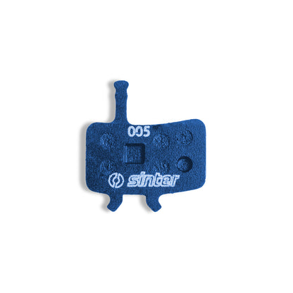 Sinter Model 005 Avid blue brake pad, backplate-up view stamped with model code 005 and the sinter wordmark