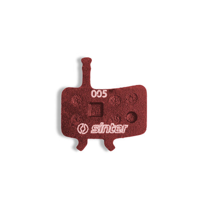 Sinter Model 005 Avid red brake pad, backplate-up view stamped with model code 005 and the sinter wordmark