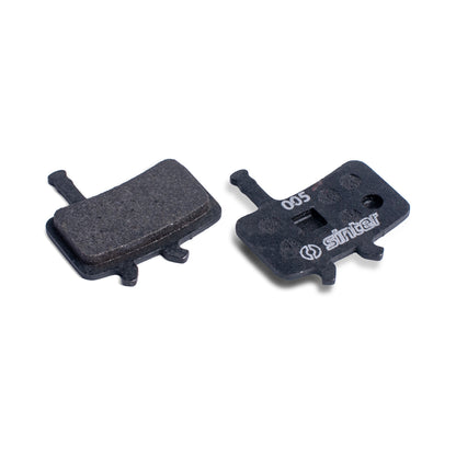 Sinter Model 005 Avid black organic brake pad pair, friction surface alongside black backplate stamped 005 for Avid disc brake calipers