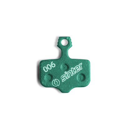 Sinter Model 006 single green organic disc brake pad with Sinter logo, Avid race compound fitment