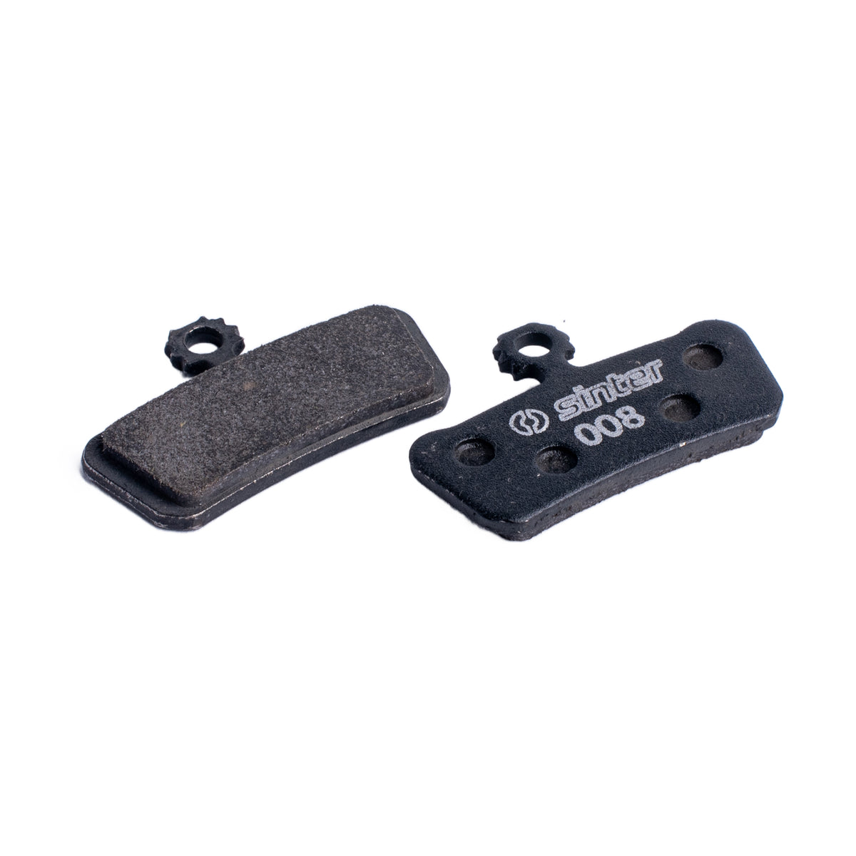 Sinter Black s008 organic disc brake pad next to worn pad, for SRAM G2, Guide and Trail Avid calipers