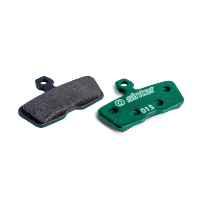 Sinter Green s2032 disc brake pads for SRAM Code and Avid, model 013, backing plate and friction face shown