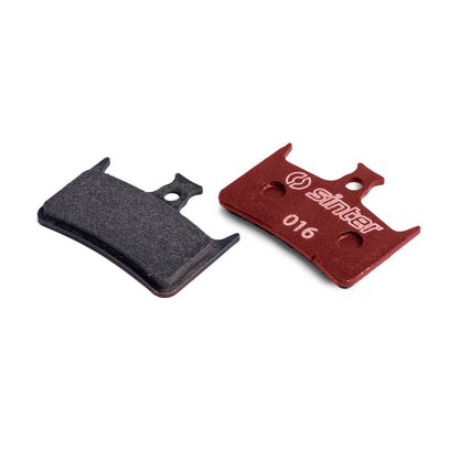 Sinter Model 016 red organic disc brake pad pair, friction side and Sinter-stamped backplate, Hope fitment