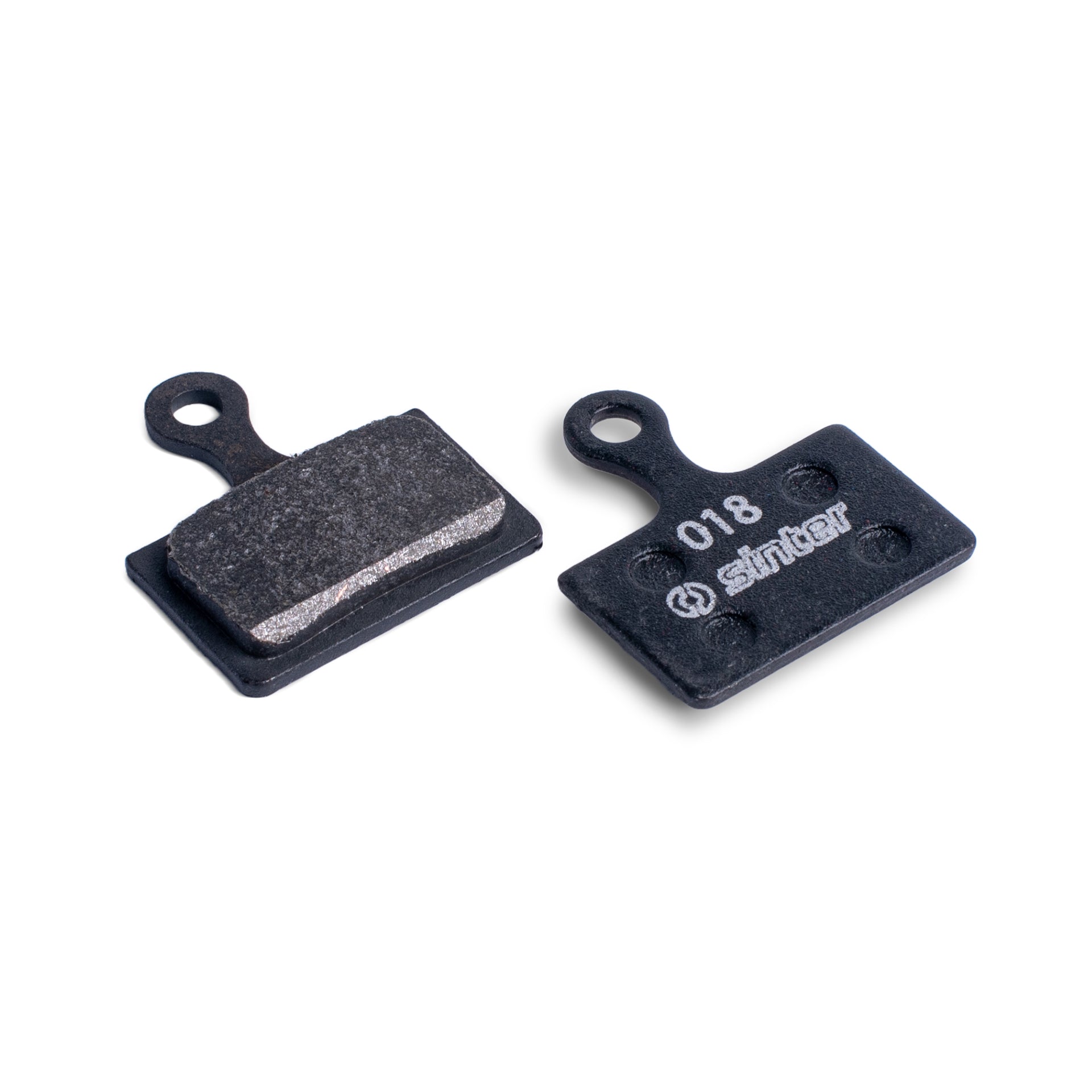 Sinter Black 018 disc brake pads for Shimano K Type, back plate and organic friction face shown