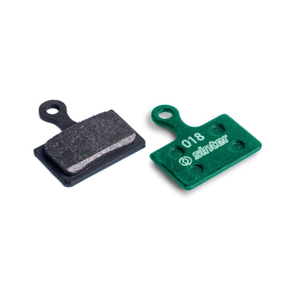 Sinter Green 018 disc brake pads for Shimano K Type, back plate and organic friction face shown