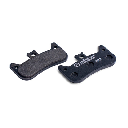 Sinter Model 022 disc brake pads, black endurance compound and worn pair, organic pads for Formula Cura 4 brakes