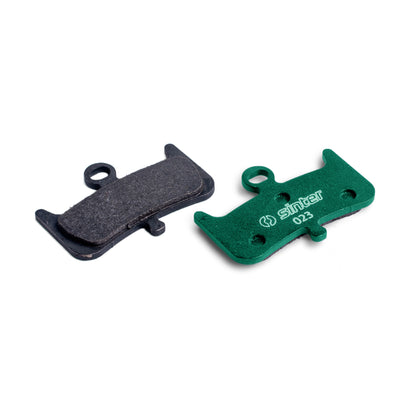 Sinter Green s023 brake pads for Hayes Dominion A4, friction side and green-painted backing plate with sinter 023 stamp