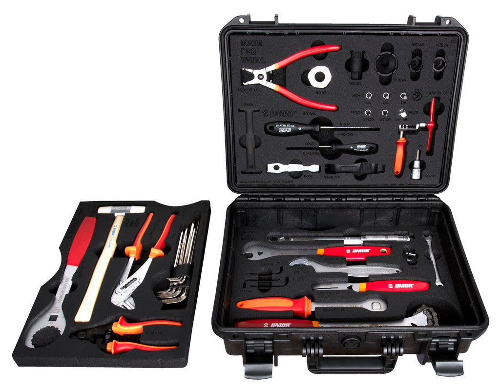 Unior BMX Tool Kit 1600BMX open case showing all three laser-cut foam trays with the 43-tool selection in place