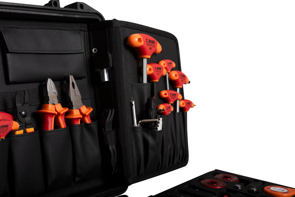 Master Tool Kit 2.0 lid detail with insulated T-handle drivers and orange-grip pliers in fabric tool pockets