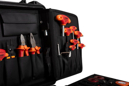 Master Tool Kit 2.0 lid detail with insulated T-handle drivers and orange-grip pliers in fabric tool pockets